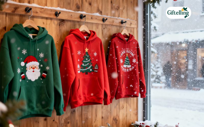 Cozy Christmas hoodies displayed with festive designs including snowflakes and holiday characters