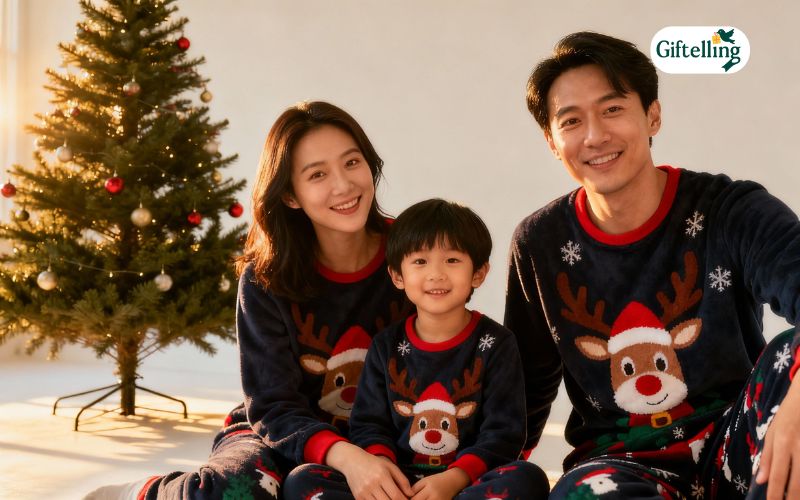 Happy family wearing matching Christmas pajamas posing in front of decorated tree