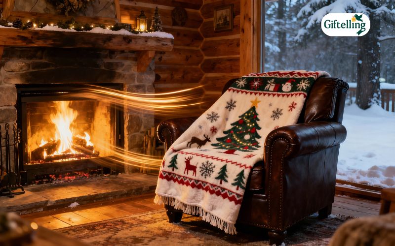 Cozy fleece blanket with custom Christmas design draped over armchair near fireplace