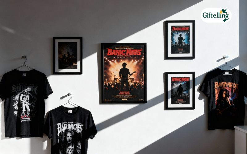 Music-themed gifts including band t-shirts and concert poster wall art displayed together