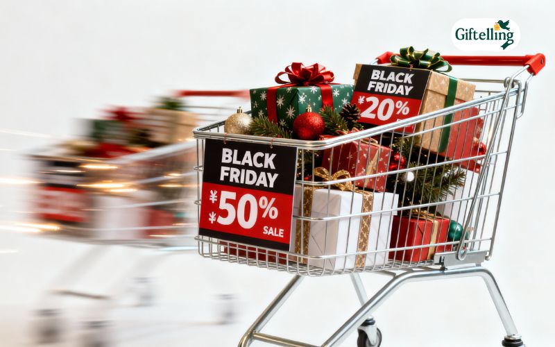 Shopping cart filled with wrapped Christmas gifts showing Black Friday discount tags and sale prices