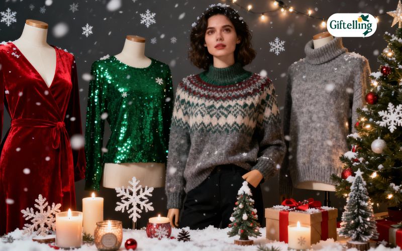 Christmas sale banner featuring festive fashion clothing and home decor gifts with holiday decorations and snowflakes