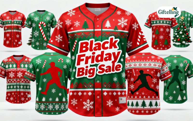 Christmas baseball jersey collection with red-green holiday colors and festive designs during Black Friday big sale