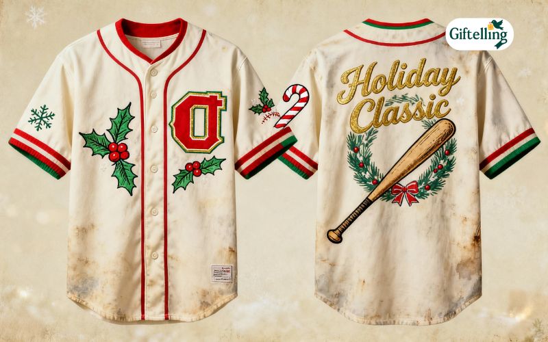 Vintage throwback Christmas baseball jersey combining retro team design with holiday elements