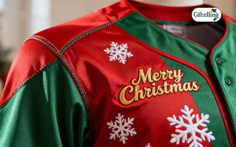 Close-up showing quality performance fabric on premium Christmas baseball jersey construction
