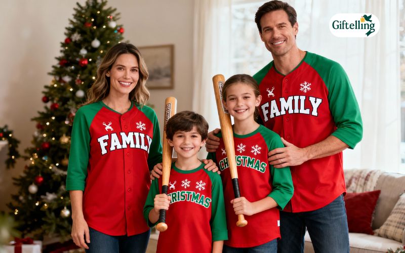 Family wearing matching Christmas baseball jerseys in various sizes showing youth and adult options