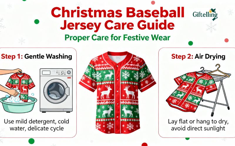 Proper care showing gentle washing and air drying methods for Christmas baseball jerseys