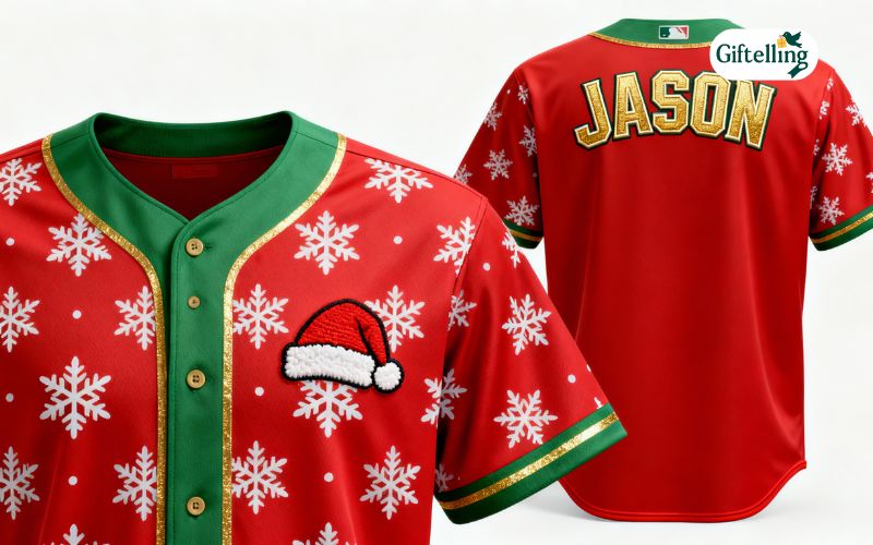 Custom personalized Christmas baseball jersey showing unique festive design and name customization
