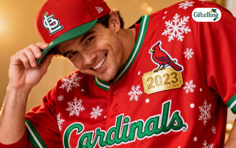 Baseball fan wearing festive Christmas baseball jersey showing holiday spirit and team pride combination
