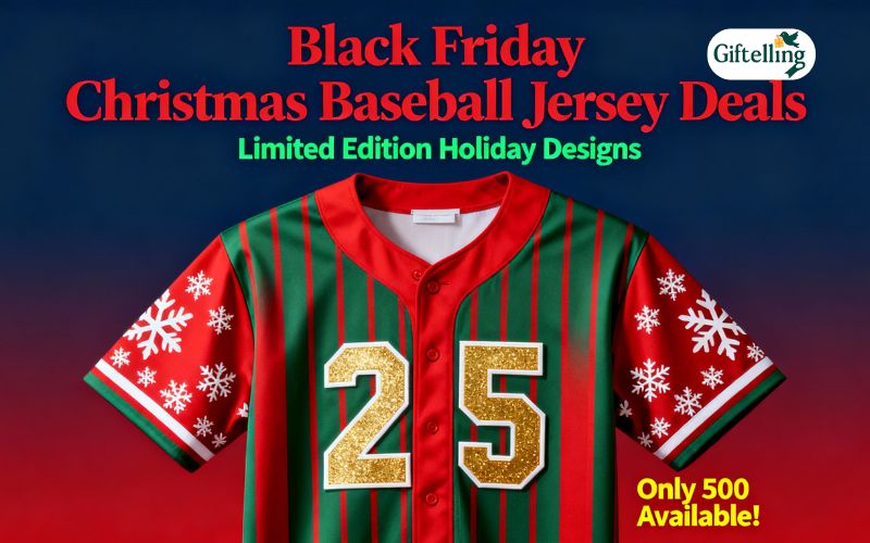 Black Friday sale banner showing Christmas baseball jersey deals with limited edition holiday designs