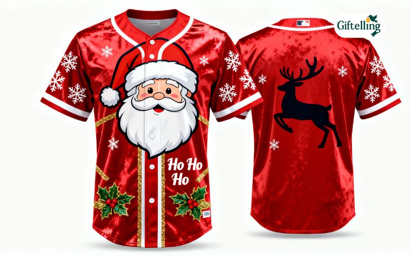Santa-themed Christmas baseball jersey showing red suit design with festive holiday details