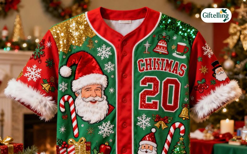 Ugly Christmas sweater style baseball jersey with intentionally tacky festive designs and patterns