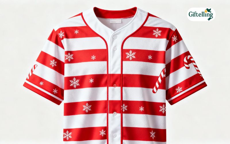Candy cane themed Christmas baseball jersey showing red-white striped festive design pattern