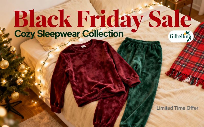 Cozy pajama set collection displayed with holiday home decorations showing comfortable sleepwear during Black Friday sale