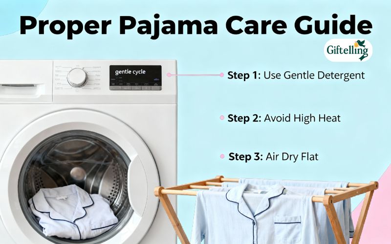 Proper pajama care showing gentle washing methods and air drying techniques for longevity