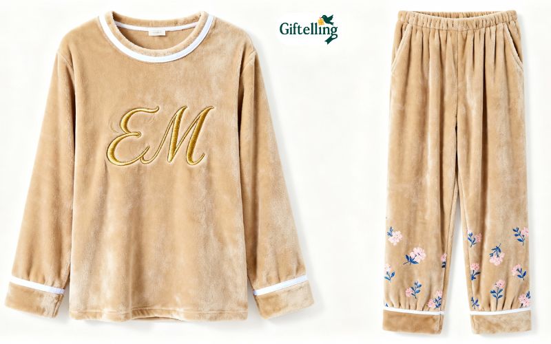Custom personalized cozy pajama set showing monogram and unique design features