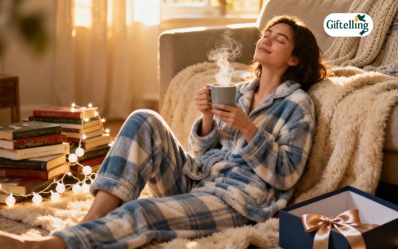 Person wearing comfortable cozy pajama set relaxing at home showing holiday comfort and relaxation