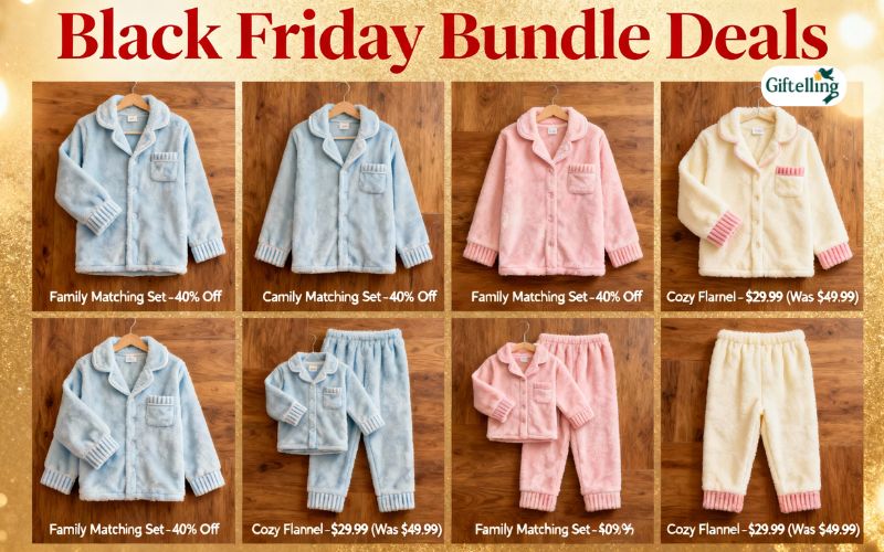 Black Friday bundle deals showing multiple cozy pajama sets with family matching options and discounts