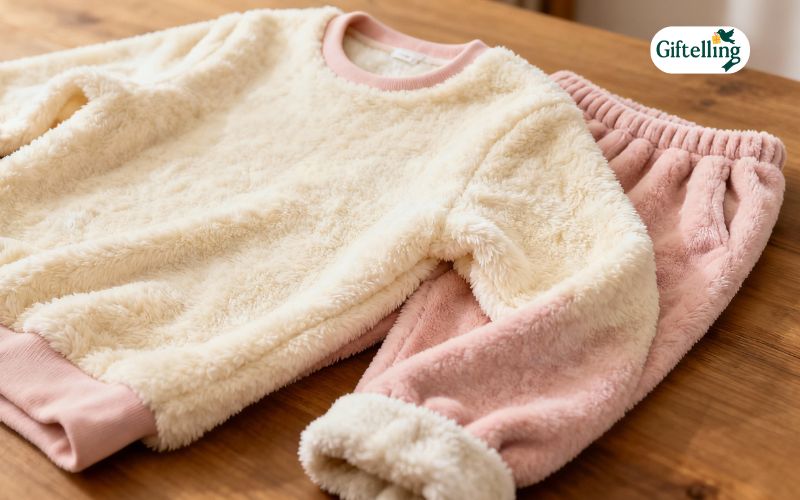 Plush fleece cozy pajama set showing soft texture and comfortable winter sleepwear design