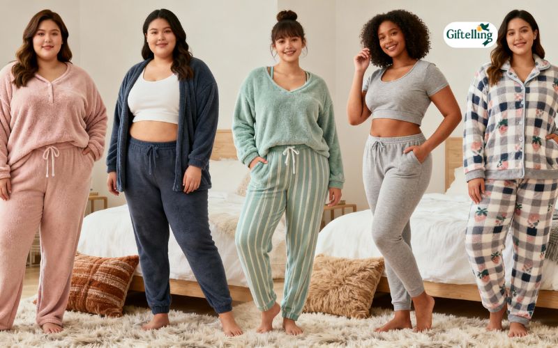 Diverse body types wearing properly fitted cozy pajama sets showing inclusive sizing options