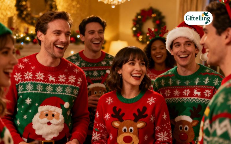 Group wearing hilarious funny ugly Christmas sweaters laughing at holiday party showing festive celebration spirit