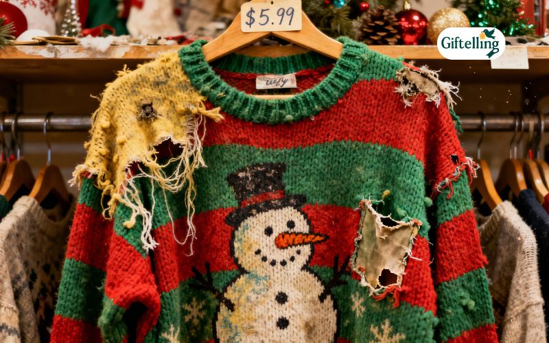 Authentic vintage funny ugly Christmas sweater from thrift store showing genuine retro design