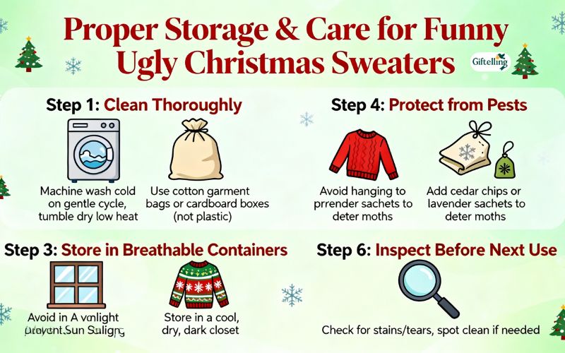 Proper storage and care methods for funny ugly Christmas sweaters between holiday seasons