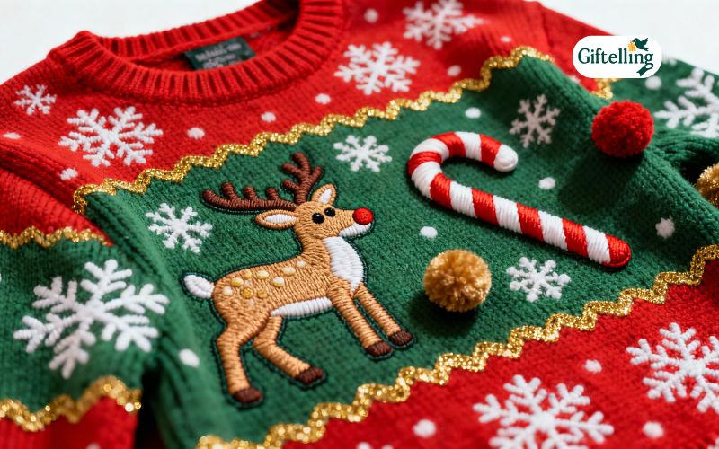 Close-up showing quality print and embroidered details on premium funny ugly Christmas sweater