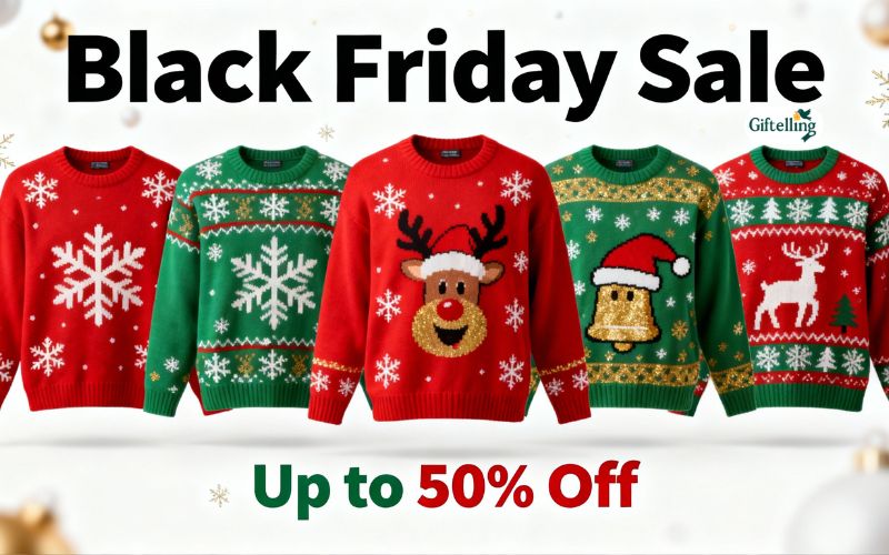 Funny ugly Christmas sweater collection with festive designs snowflakes and humorous holiday graphics during Black Friday sale