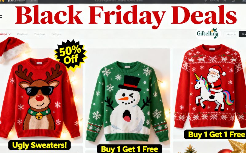 Black Friday online shopping for funny ugly Christmas sweaters showing website with discount banners