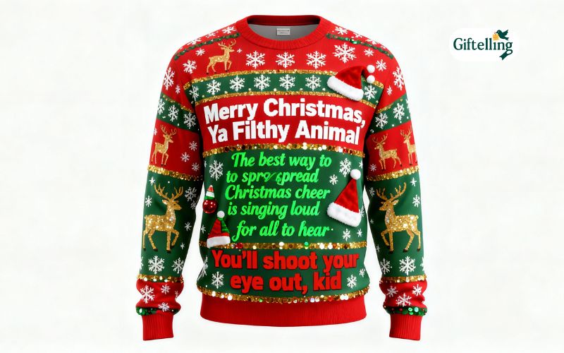 Pop culture funny ugly Christmas sweater featuring classic holiday movie references and humorous quotes