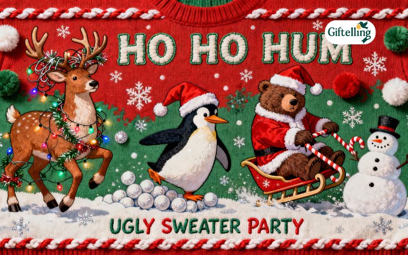Funny ugly Christmas sweater featuring animals in ridiculous Santa costumes and holiday scenarios