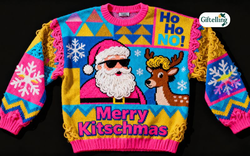 Retro vintage inspired funny ugly Christmas sweater with 1980s geometric patterns and dated styling