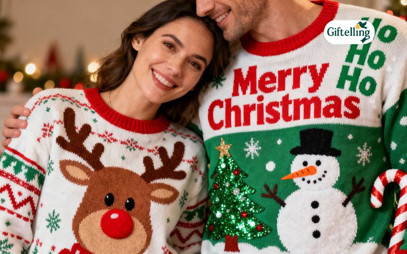 Couples wearing coordinated matching funny ugly Christmas sweaters with complementary designs