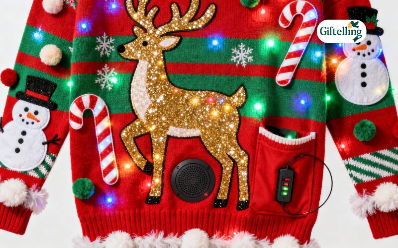 Light-up musical funny ugly Christmas sweater with LED lights and sound effects features