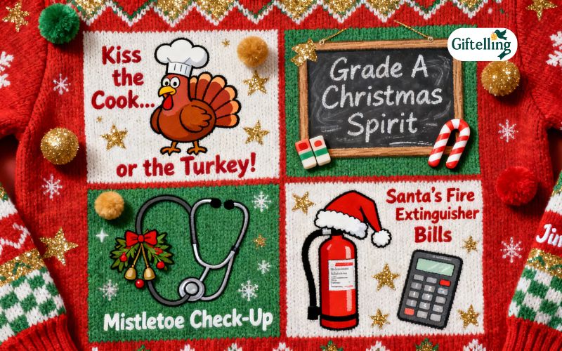Occupation themed funny ugly Christmas sweater featuring profession-specific holiday humor and designs