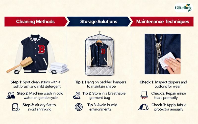 Proper MLB baseball jacket care showing cleaning methods, storage solutions, and maintenance techniques