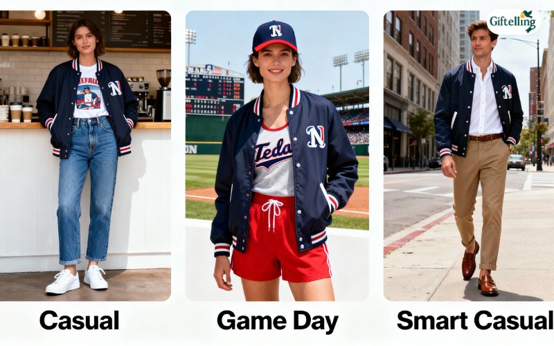 MLB baseball jacket styled multiple ways showing casual, game day, and smart casual outfit combinations