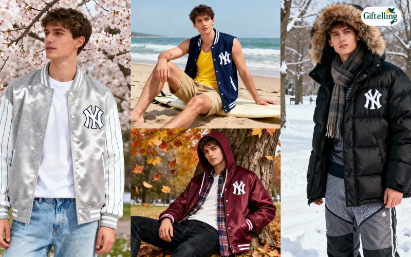 MLB baseball jackets worn across different seasons showing spring, summer, fall, and winter styling