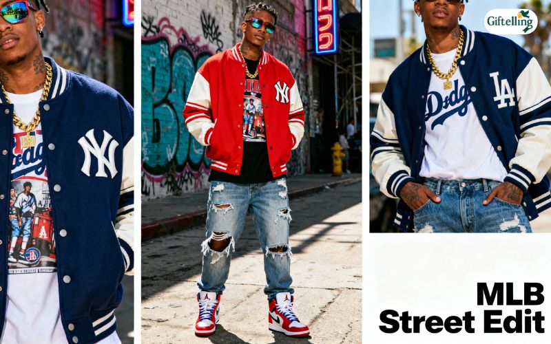 Celebrities and influencers wearing MLB baseball jackets in street style and fashion content