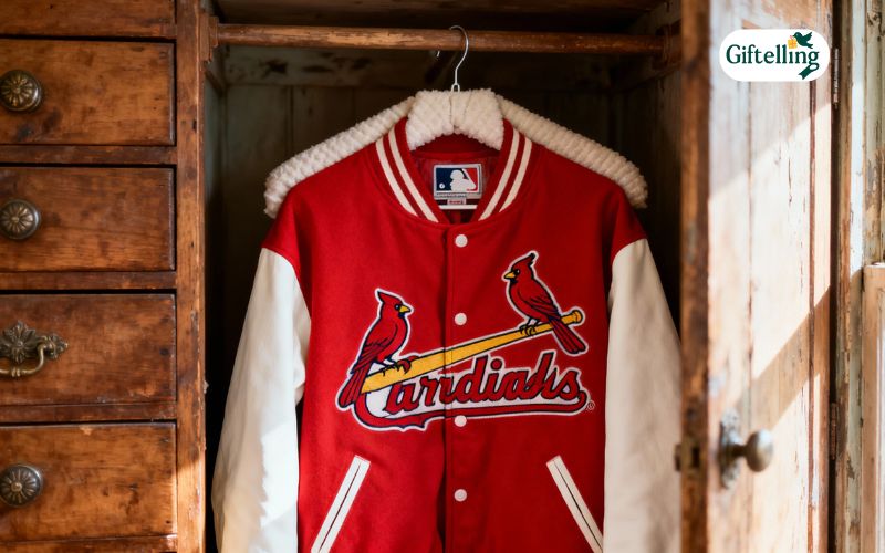 MLB jacket being carefully stored on padded hanger in organized closet