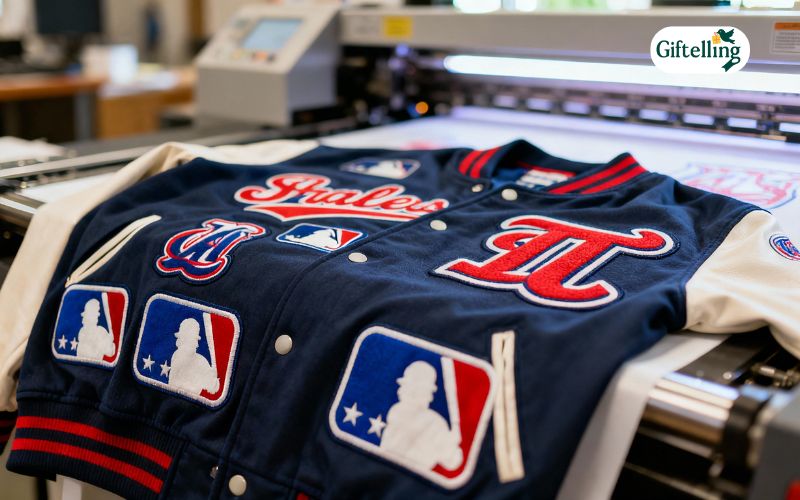 Custom designed MLB baseball jacket being created through print-on-demand process