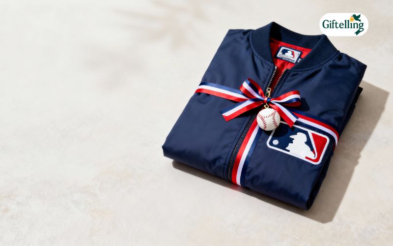 Beautifully wrapped MLB jacket gift with team-colored ribbon and baseball-themed decorations