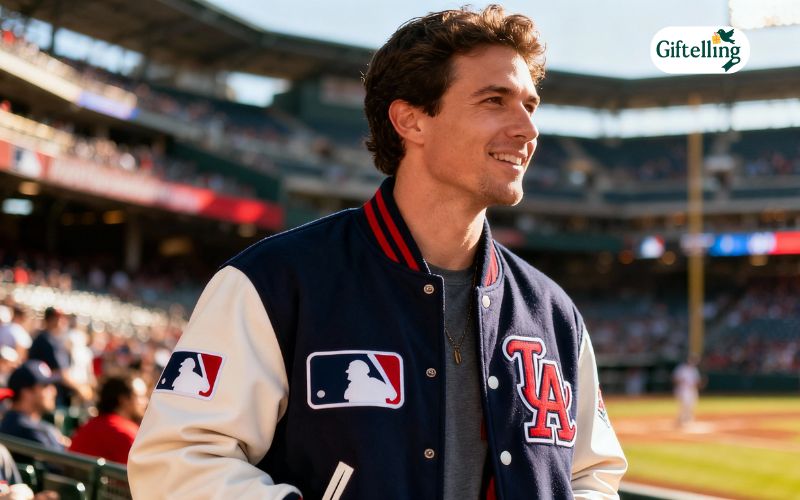 Baseball fan wearing stylish MLB jacket at stadium showing team colors and premium quality