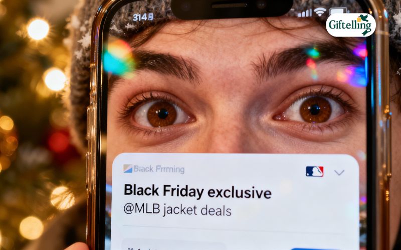 Black Friday shopping notification on smartphone showing exclusive MLB jacket early access deals