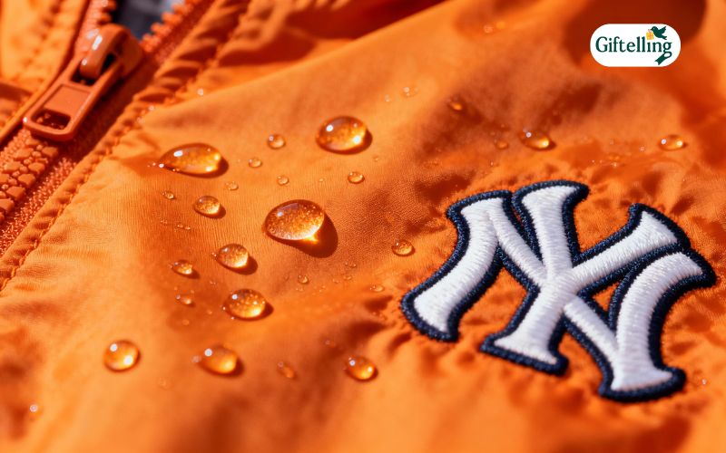 Close-up of premium MLB jacket fabric showing quality material and water-resistant finish