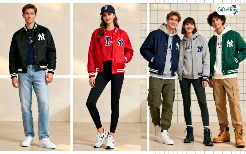 MLB bomber jackets styled in various casual and game day outfit combinations showing versatility