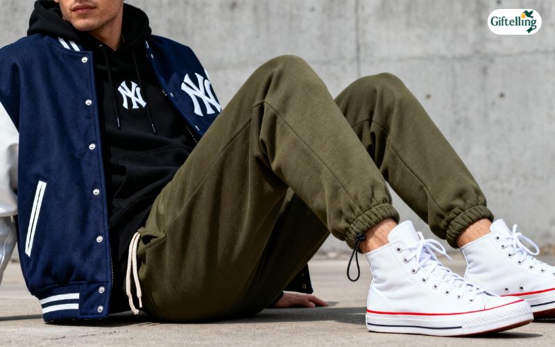 Streetwear-inspired outfit featuring MLB bomber jacket styled with joggers, hoodies, and high-top sneakers
