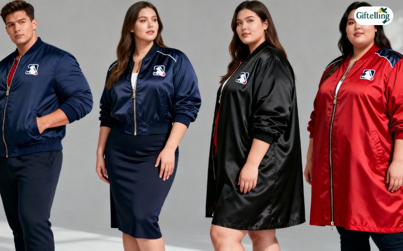 MLB bomber jackets shown on different body types demonstrating flattering fit considerations