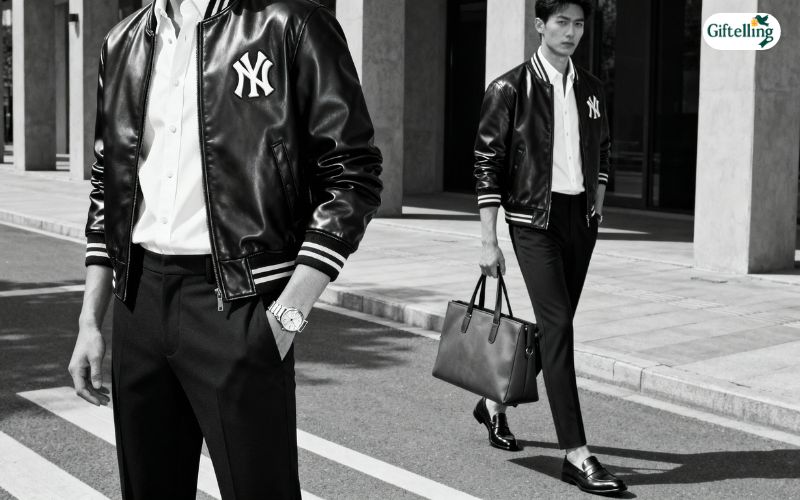 Elevated smart casual outfit featuring MLB bomber jacket styled with refined clothing and accessories